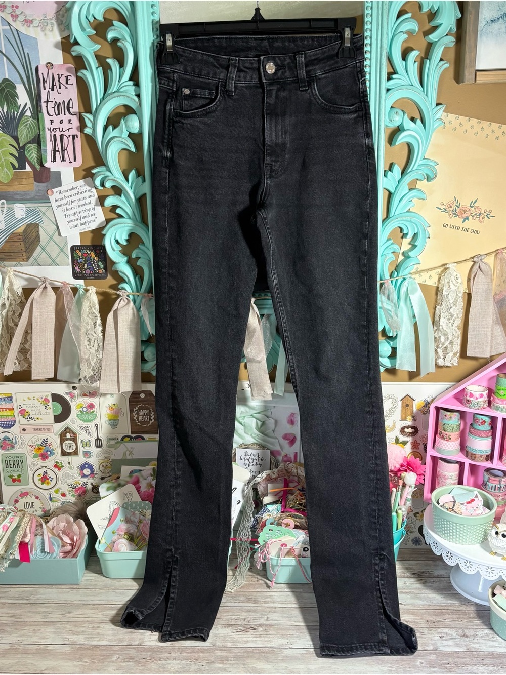 & Denim By H&M Black Skinny High Waist Jeans Women’s Size 0 Split Ankle Hem Edgy